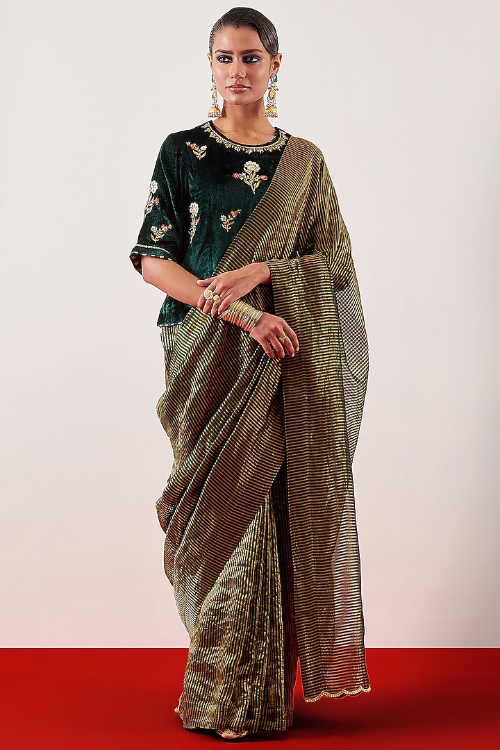 Deep Green Silk Chanderi Tissue Zari Embroidered Festive Saree by Anantaa By Roohi Trehan at Pernia's Pop Up Shop