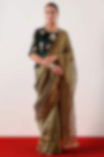 Deep Green Silk Chanderi Tissue Zari Embroidered Party Wear Saree Set by Anantaa By Roohi Trehan at Pernia's Pop Up Shop