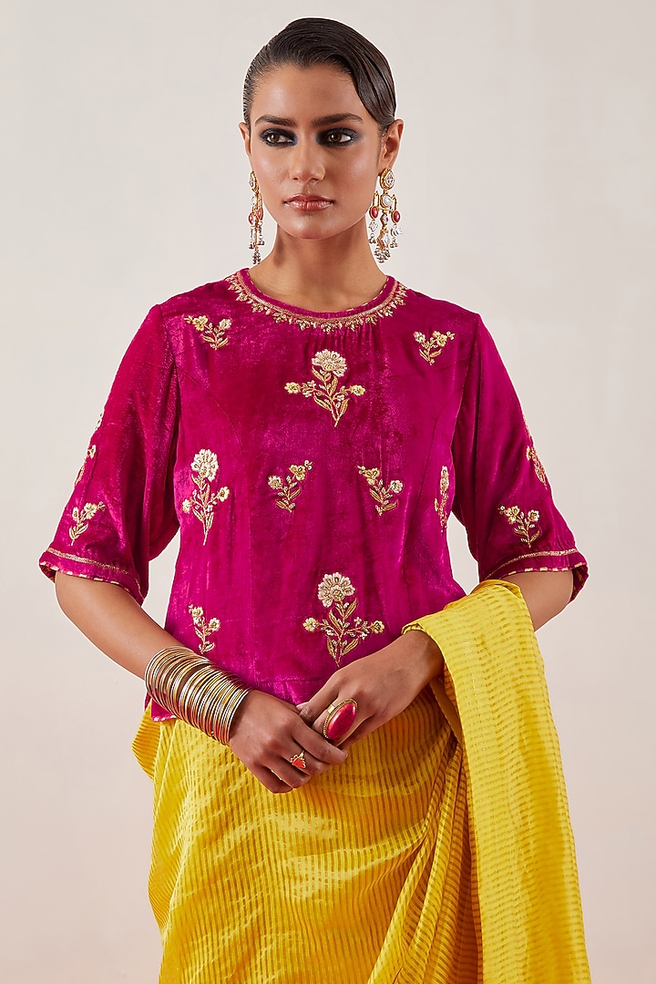 Magenta Velvet Cutdana Embroidered Blouse by Anantaa By Roohi Trehan at Pernia's Pop Up Shop