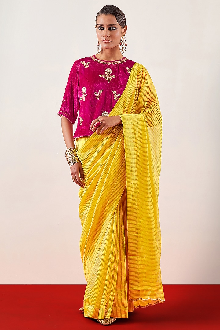 Yellow Silk Chanderi Tissue Zari Embroidered Party Wear Saree Set by Anantaa By Roohi Trehan at Pernia's Pop Up Shop