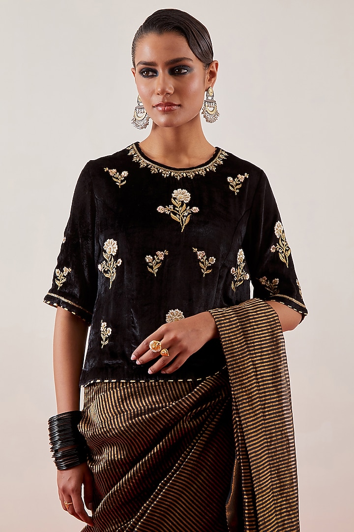 Black Velvet Sequin Embroidered Blouse by Anantaa By Roohi Trehan at Pernia's Pop Up Shop