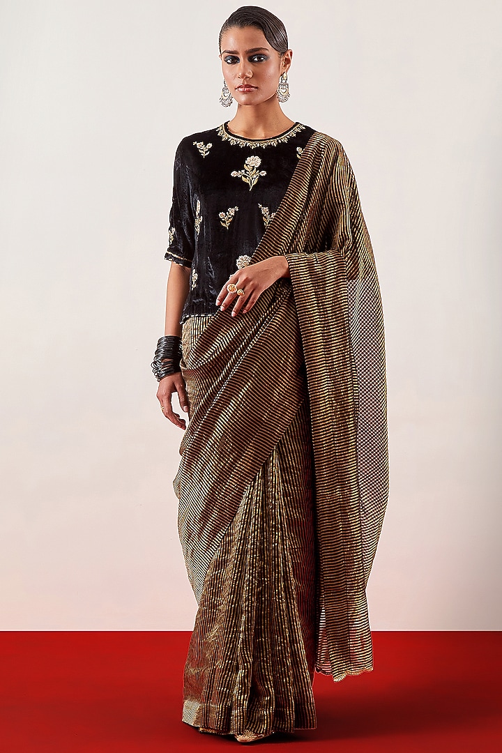 Black Silk Chanderi Tissue Zari Embroidered Festive Saree by Anantaa By Roohi Trehan at Pernia's Pop Up Shop
