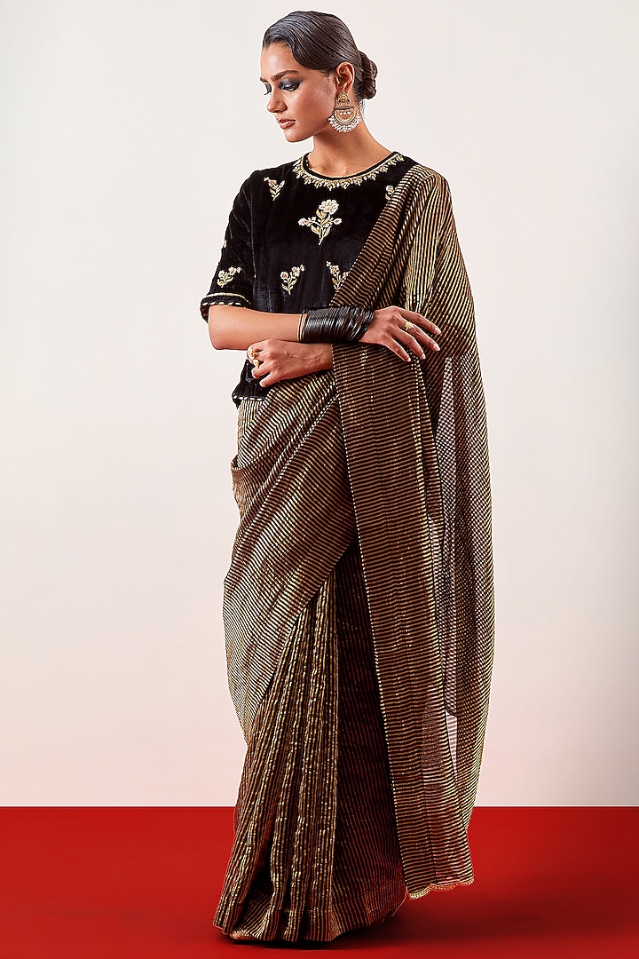 Black Silk Chanderi Tissue Zari Embroidered Festive Saree by Anantaa By Roohi Trehan at Pernia's Pop Up Shop