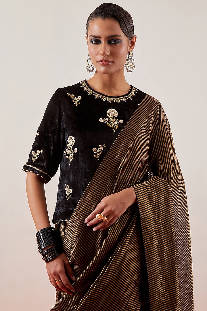 Black Silk Chanderi Tissue Zari Embroidered Festive Saree by Anantaa By Roohi Trehan at Pernia's Pop Up Shop