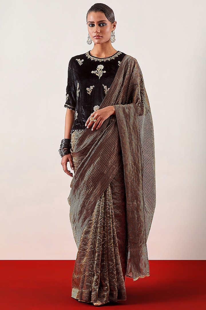 Black Silk Chanderi Tissue Zari Embroidered Party Wear Saree Set by Anantaa By Roohi Trehan at Pernia's Pop Up Shop