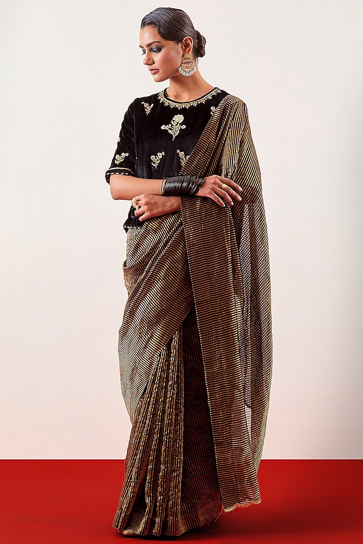 Black Silk Chanderi Tissue Zari Embroidered Party Wear Saree Set by Anantaa By Roohi Trehan at Pernia's Pop Up Shop