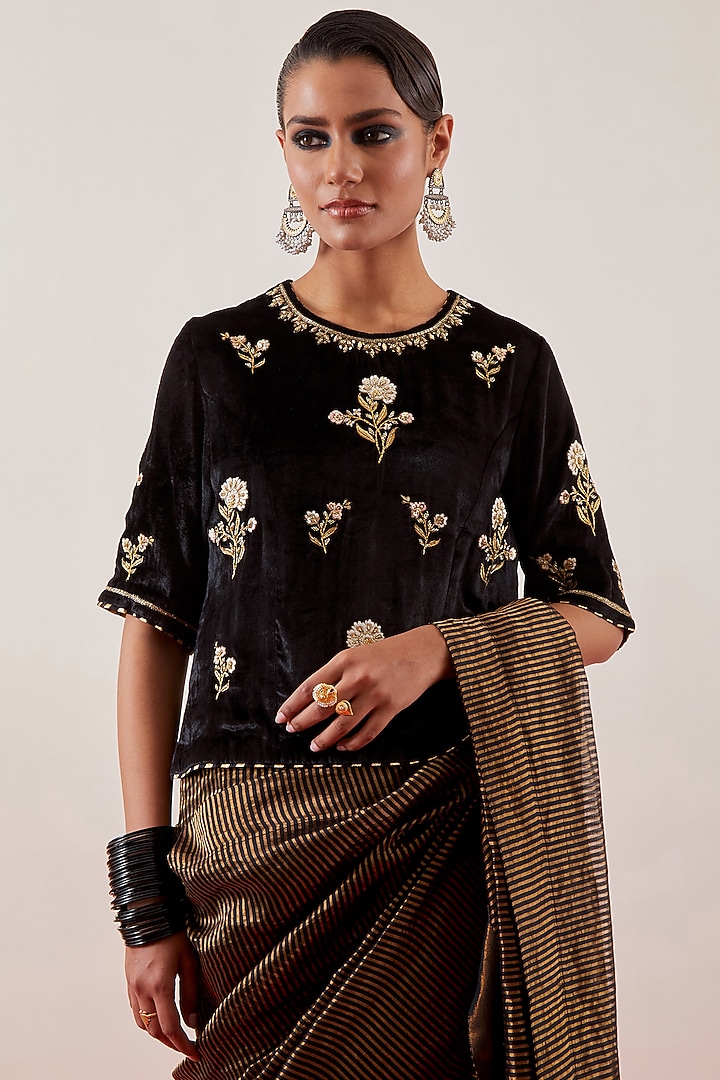 Black Silk Chanderi Tissue Zari Embroidered Party Wear Saree Set by Anantaa By Roohi Trehan at Pernia's Pop Up Shop