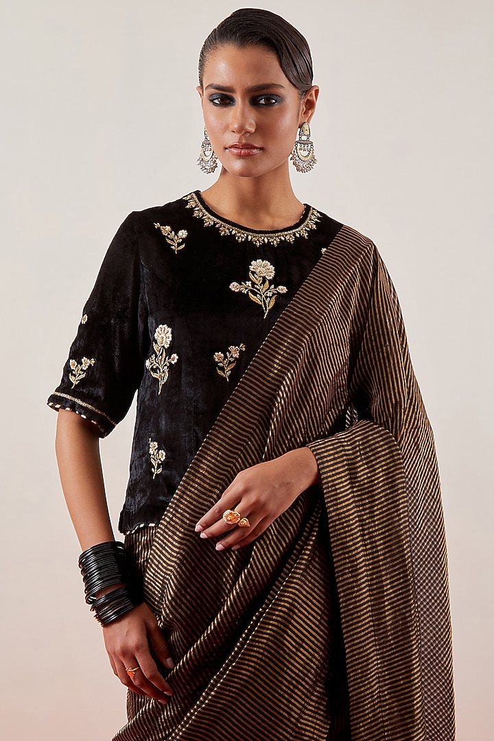 Black Silk Chanderi Tissue Zari Embroidered Party Wear Saree Set by Anantaa By Roohi Trehan at Pernia's Pop Up Shop