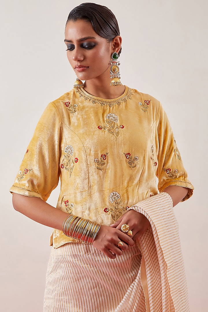 Cream Velvet Sequin Embroidered Blouse by Anantaa By Roohi Trehan at Pernia's Pop Up Shop