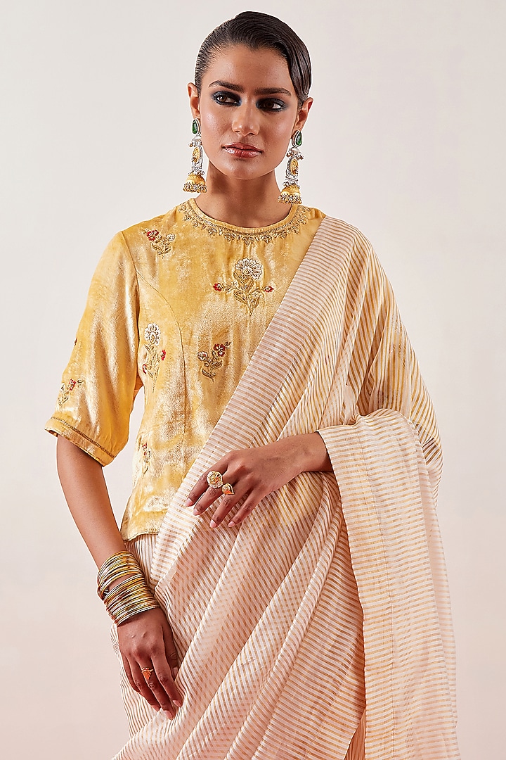 Off-White Silk Chanderi Tissue Zari Embroidered Festive Saree by Anantaa By Roohi Trehan at Pernia's Pop Up Shop