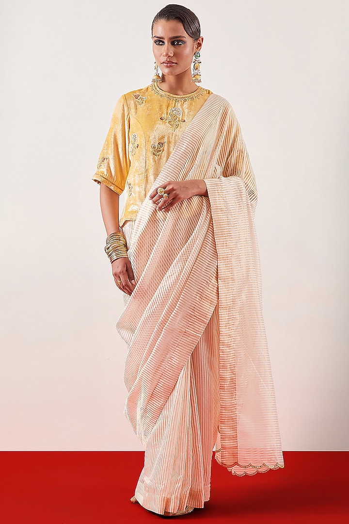 Off-White Silk Chanderi Tissue Zari Embroidered Party Wear Saree Set by Anantaa By Roohi Trehan at Pernia's Pop Up Shop