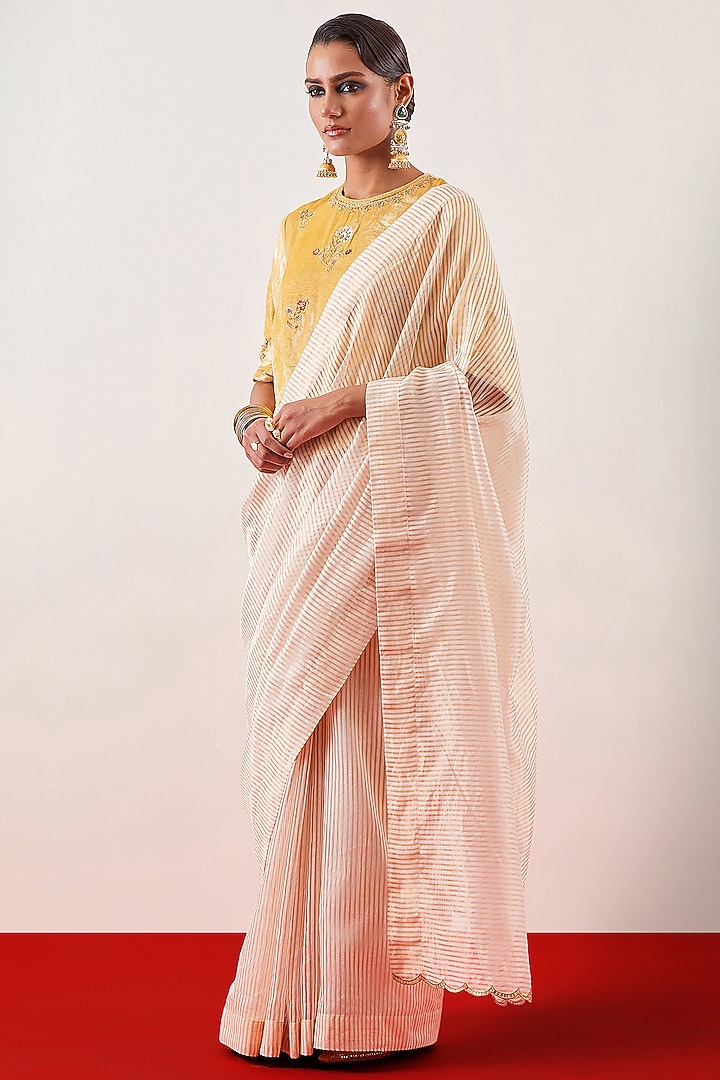 Off-White Silk Chanderi Tissue Zari Embroidered Party Wear Saree Set by Anantaa By Roohi Trehan at Pernia's Pop Up Shop