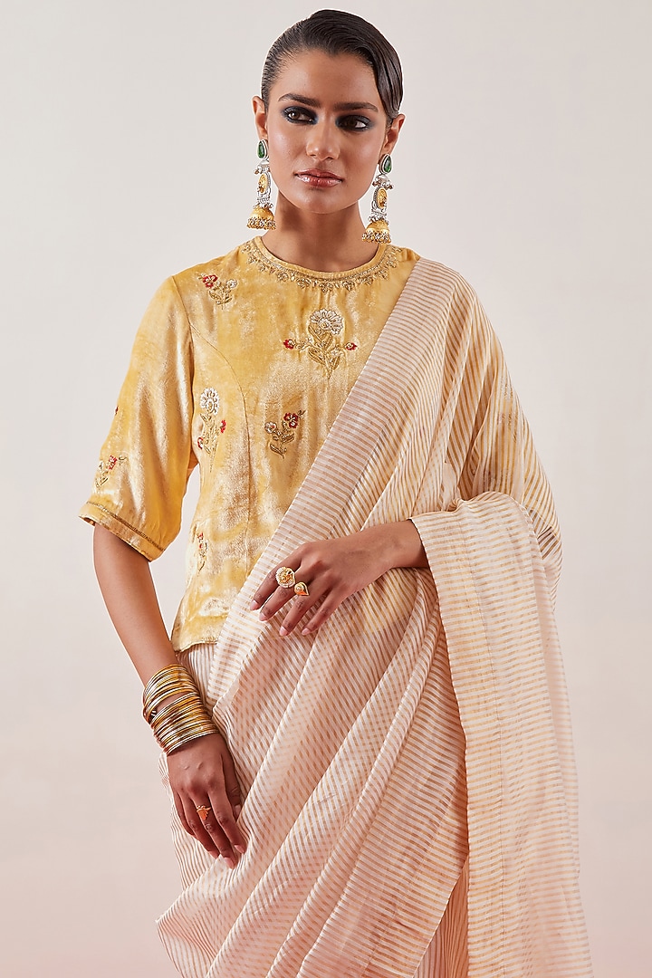 Off-White Silk Chanderi Tissue Zari Embroidered Party Wear Saree Set by Anantaa By Roohi Trehan at Pernia's Pop Up Shop