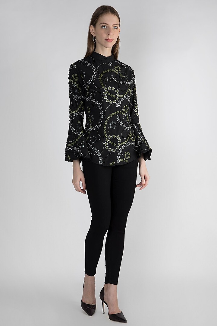 Black Embroidered Floral Shirt by Anand Bhushan