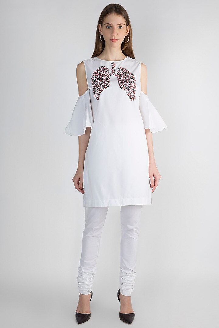 White Embroidered Kurta With Churidar Pants by Anand Bhushan
