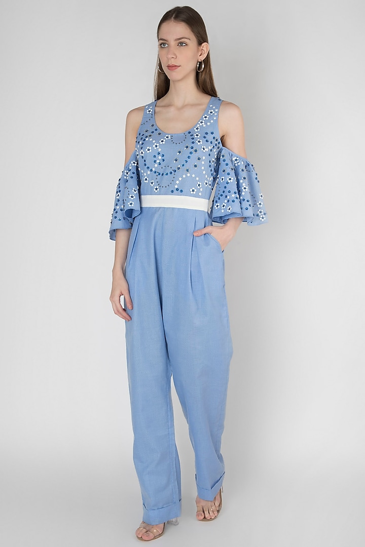 Blue Embroidered Jumpsuit by Anand Bhushan