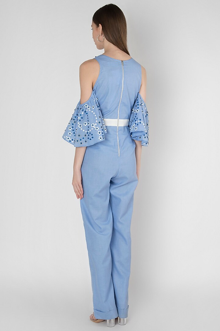 Blue Embroidered Jumpsuit by Anand Bhushan at Pernia's Pop Up Shop