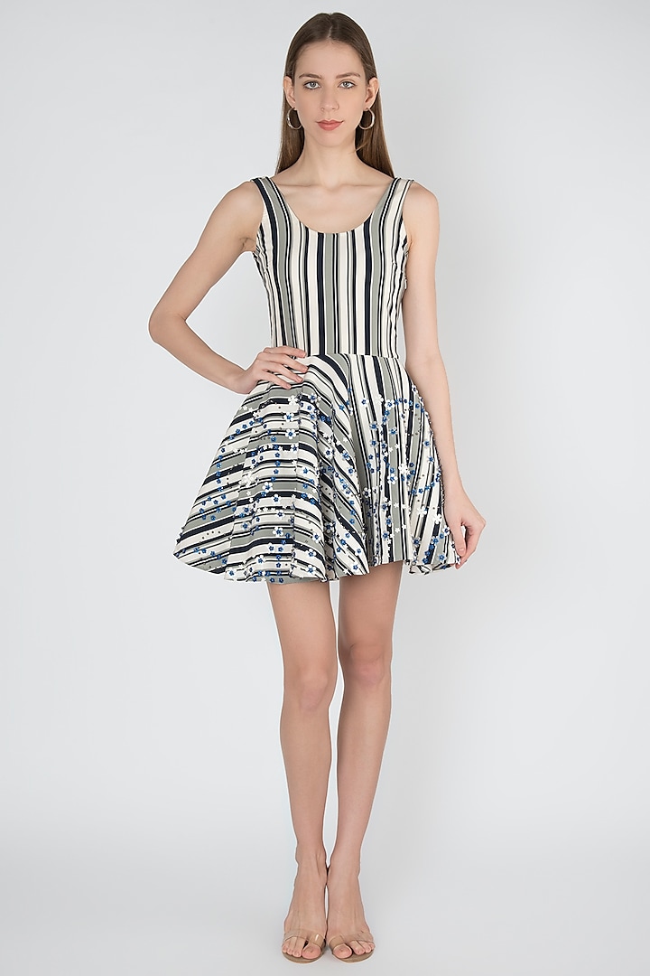 White & Blue Printed Embroidered Dress by Anand Bhushan