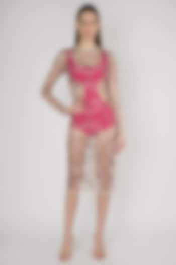 White Embroidered Sheer Cocktail Dress With Pink Swimsuit Inner by Anand Bhushan at Pernia's Pop Up Shop