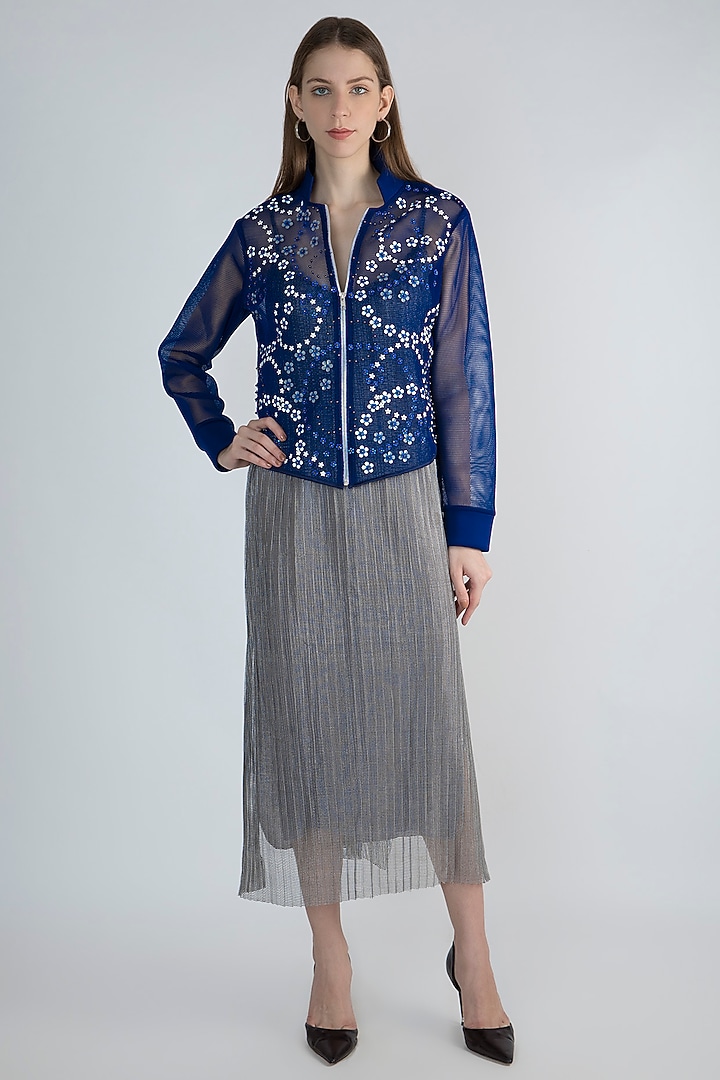 Blue Embroidered Mesh Jacket by Anand Bhushan at Pernia's Pop Up Shop