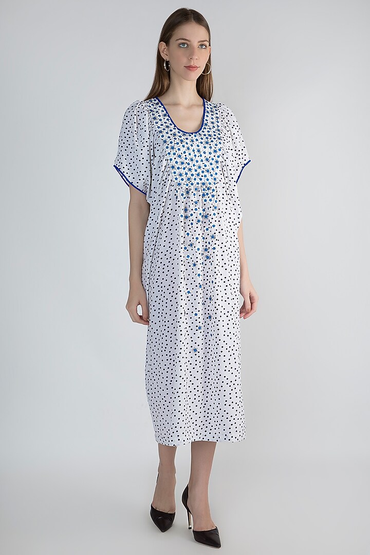 White Printed & Embroidered Vacation Dress by Anand Bhushan at Pernia's Pop Up Shop