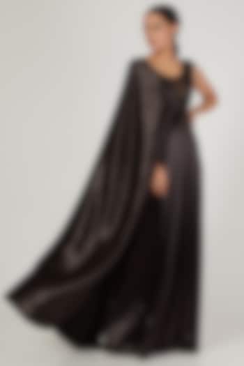Black French Satin Pre Stitched Saree Gown by Anand Bhushan