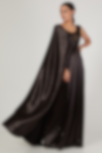 Black French Satin Pre Stitched Saree Gown by Anand Bhushan at Pernia's Pop Up Shop