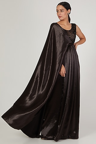Black French Satin Pre Stitched Saree Gown by Anand Bhushan
