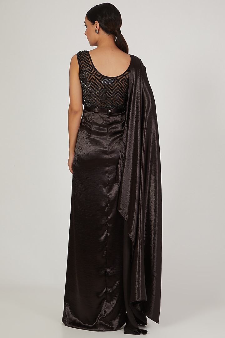 Black French Satin Pre Stitched Wedding Saree Gown by Anand Bhushan at Pernia's Pop Up Shop