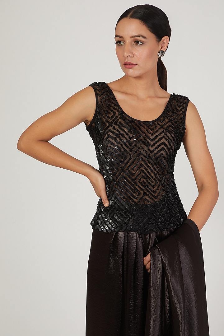 Black French Satin Pre Stitched Wedding Saree Gown by Anand Bhushan at Pernia's Pop Up Shop