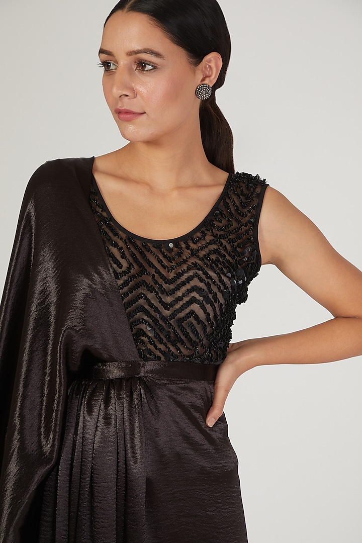 Black French Satin Pre Stitched Wedding Saree Gown by Anand Bhushan at Pernia's Pop Up Shop
