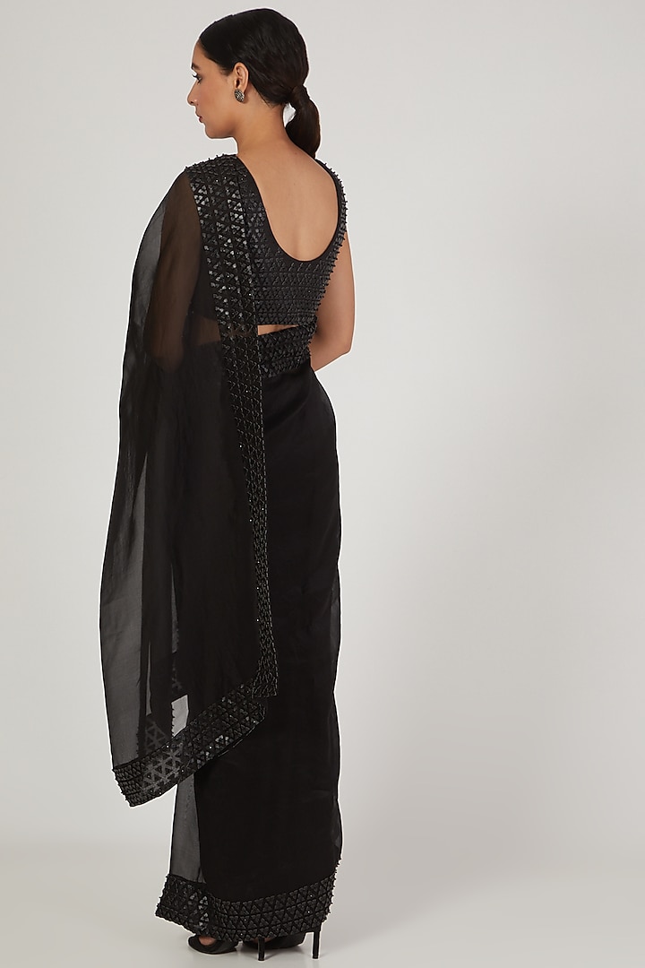 Black Leather Crystal Embroidered Reception Saree Set by Anand Bhushan at Pernia's Pop Up Shop