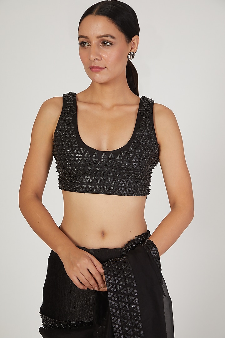 Black Leather Crystal Embroidered Reception Saree Set by Anand Bhushan at Pernia's Pop Up Shop