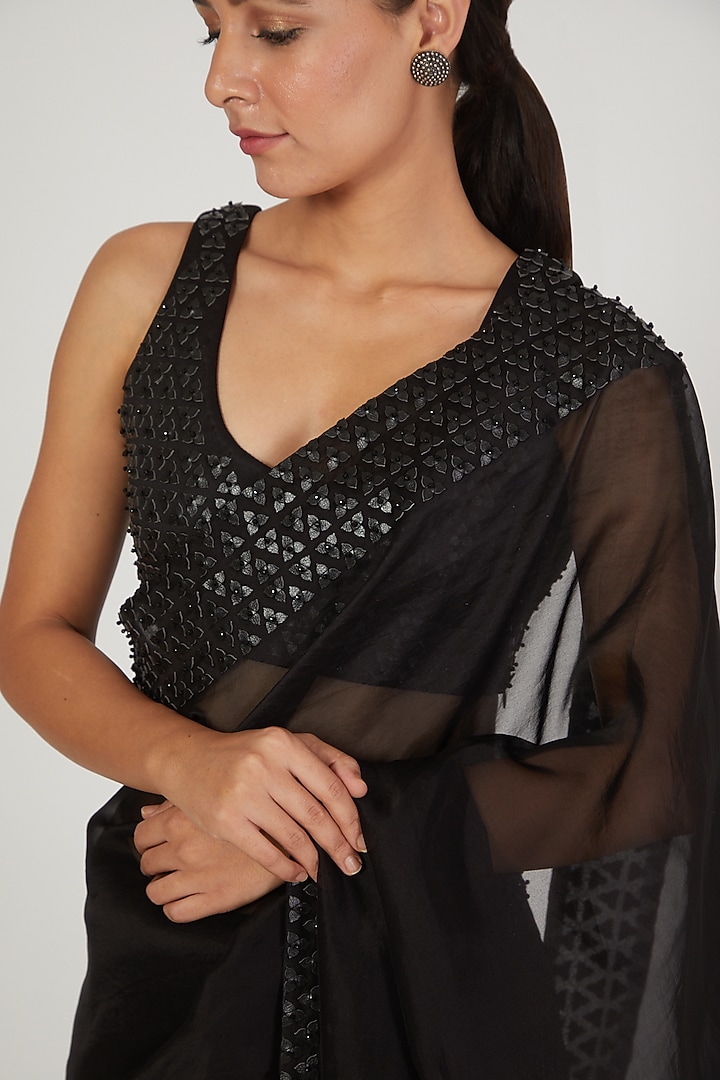 Black Leather Crystal Embroidered Reception Saree Set by Anand Bhushan at Pernia's Pop Up Shop