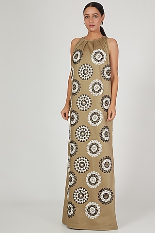 Brown & Black Floral Mandala Embroidered Maxi Dress by Anand Bhushan