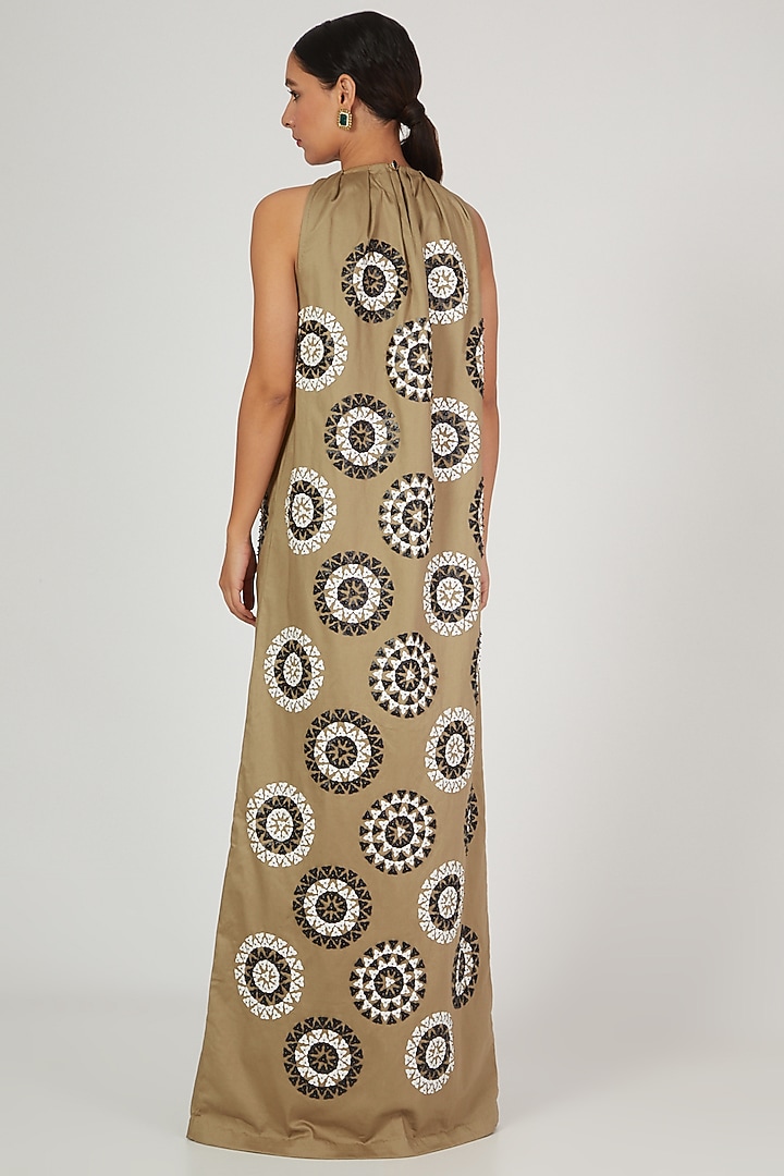 Brown & Black Floral Mandala Embroidered Maxi Cocktail Dress by Anand Bhushan at Pernia's Pop Up Shop