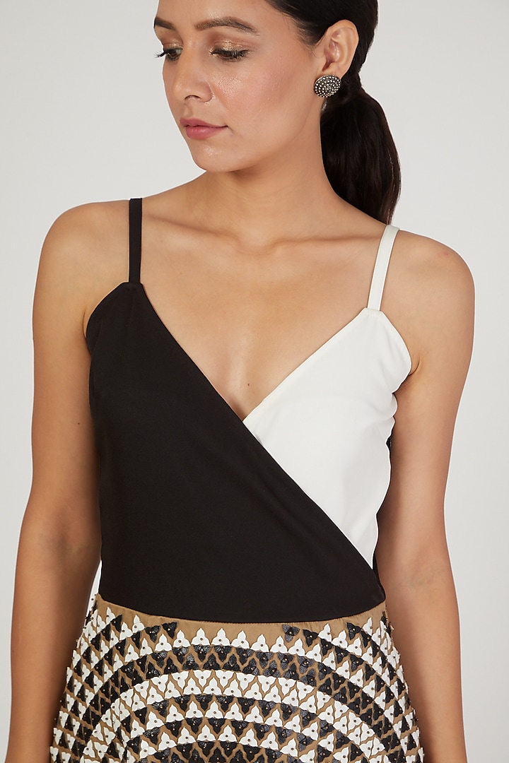 Brown & Black Floral Embroidered Strappy Cocktail Dress by Anand Bhushan at Pernia's Pop Up Shop