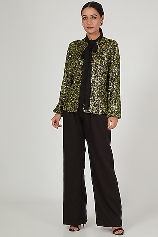 Black Sequins Embroidered Shirt by Anand Bhushan