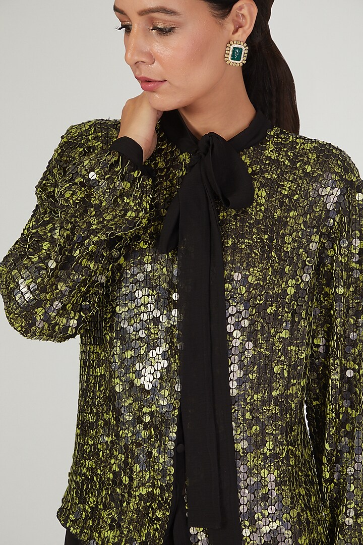 Black Sequins Embroidered Shirt by Anand Bhushan at Pernia's Pop Up Shop