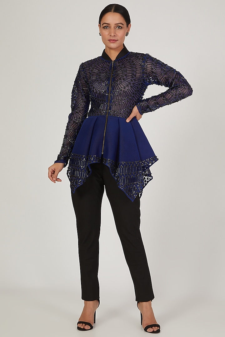Cobalt Blue Glass Mandala Embroidered Mesh Jacket by Anand Bhushan