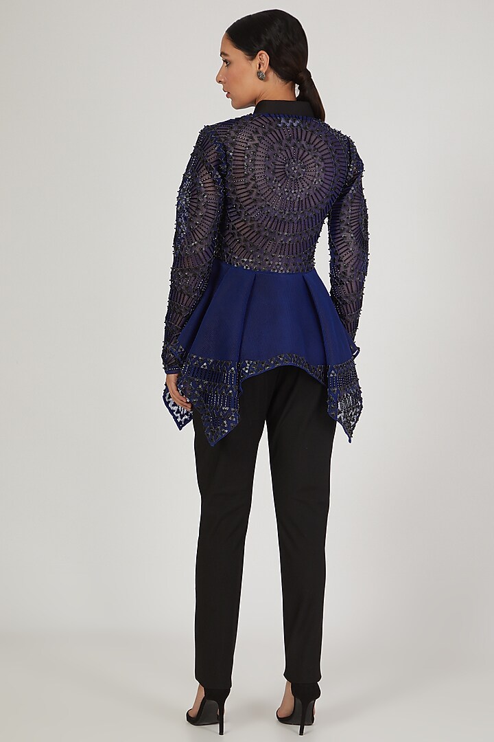 Cobalt Blue Glass Mandala Embroidered Mesh Jacket by Anand Bhushan at Pernia's Pop Up Shop