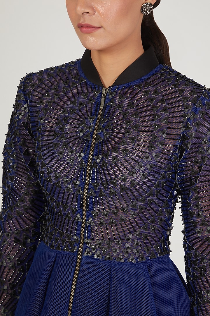 Cobalt Blue Glass Mandala Embroidered Mesh Jacket by Anand Bhushan at Pernia's Pop Up Shop