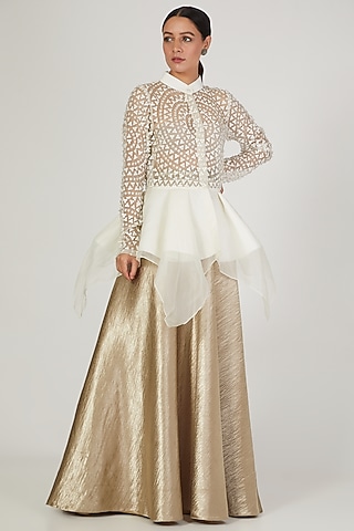 White Floral Leather Mandala Embroidered Jacket by Anand Bhushan