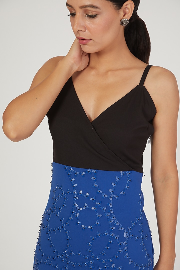 Cobalt Blue & Black Embroidered Strappy Vacation Dress by Anand Bhushan at Pernia's Pop Up Shop