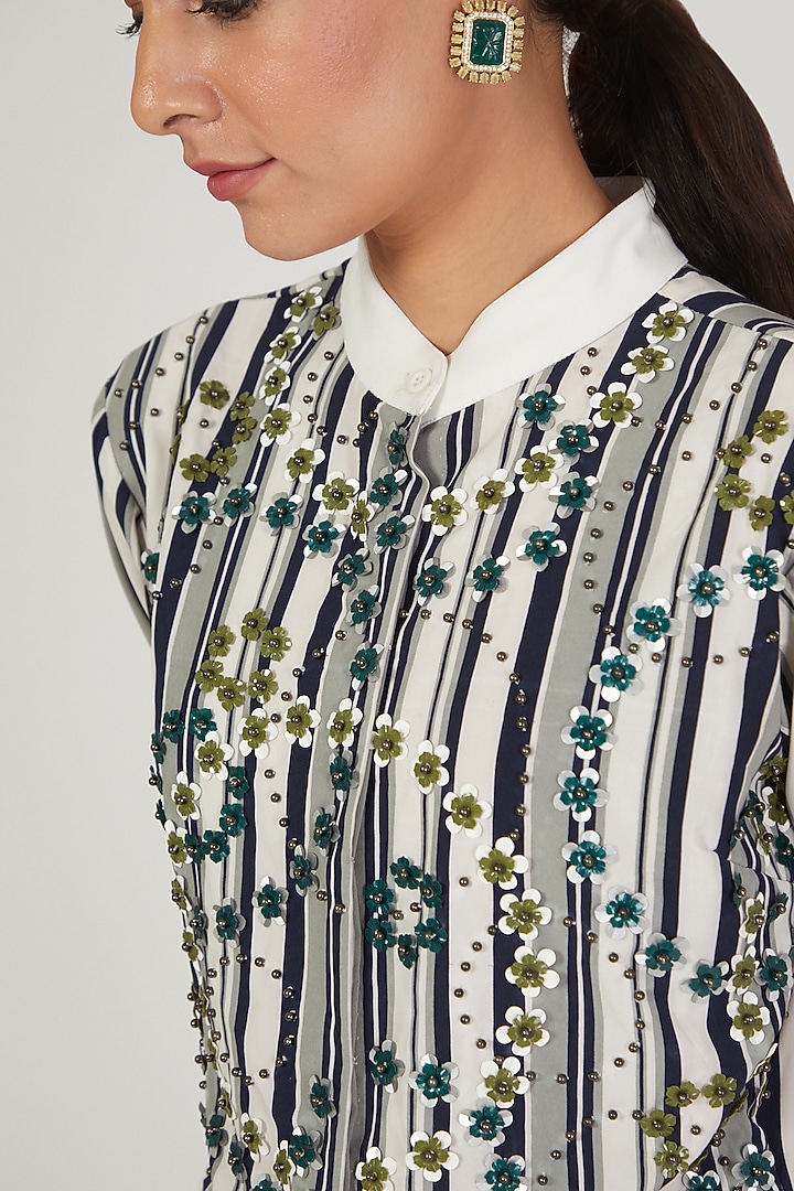 White & Grey Floral Embroidered Vacation Dress by Anand Bhushan at Pernia's Pop Up Shop