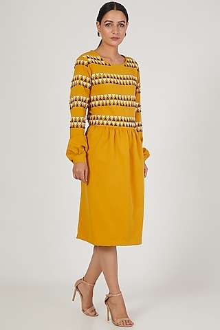 Mustard Floral Embroidered Dress by Anand Bhushan