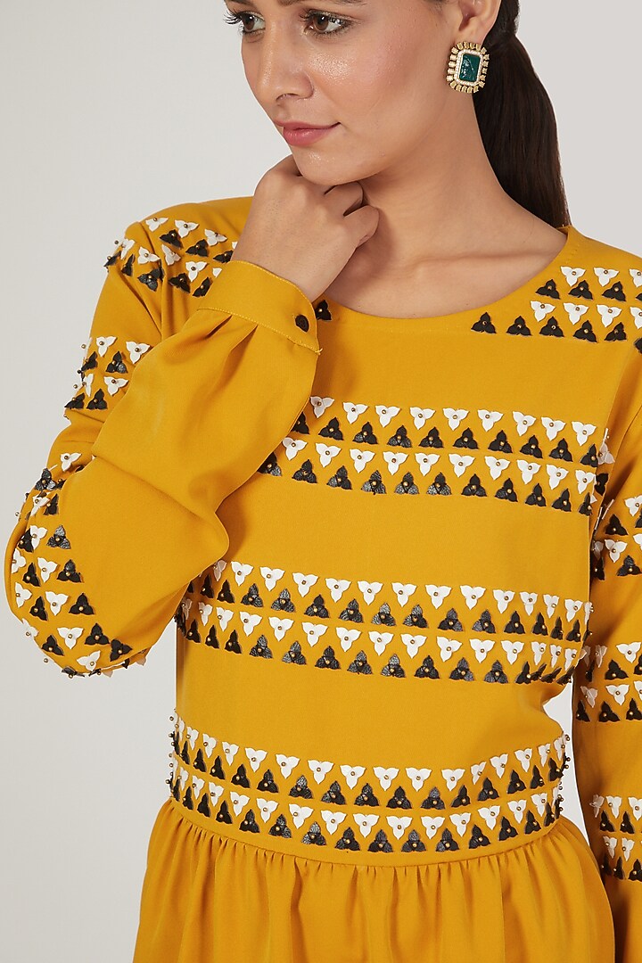 Mustard Floral Embroidered Vacation Dress by Anand Bhushan at Pernia's Pop Up Shop