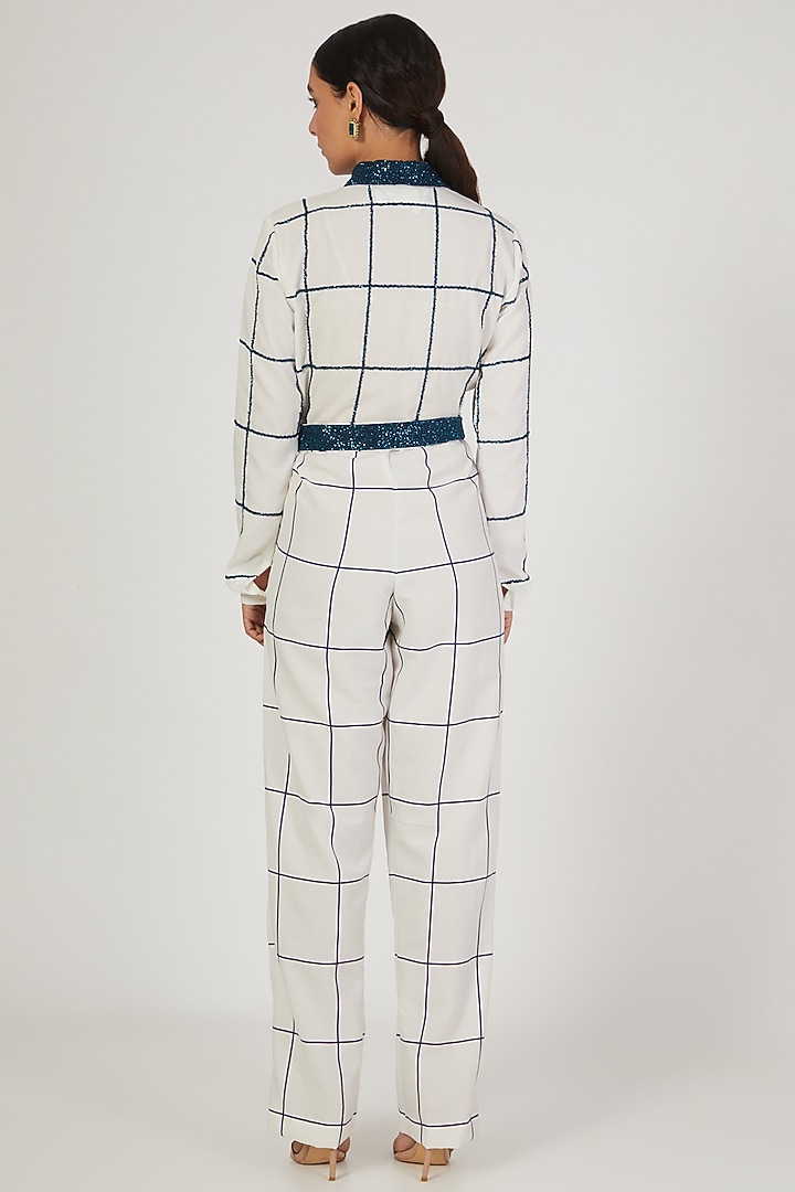 White & Cobalt Blue Embroidered Jumpsuit by Anand Bhushan at Pernia's Pop Up Shop