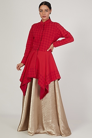 Red Applique Houndstooth Jacket by Anand Bhushan