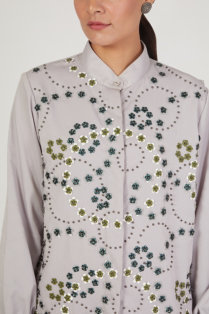 Grey Floral Embroidered Shirt by Anand Bhushan at Pernia's Pop Up Shop